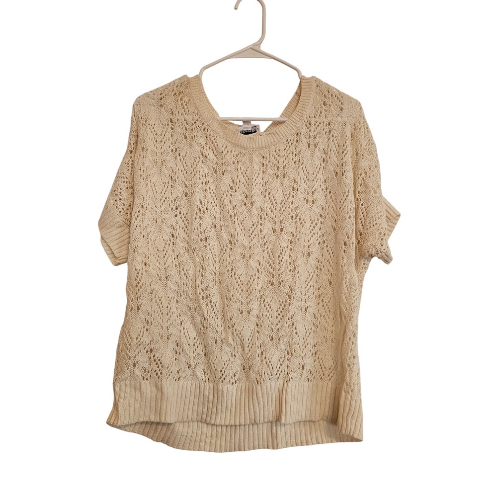 ST JOHNS BAY Womens Cream Lace Knit Short‎ Sleeve Sweater Top Size L